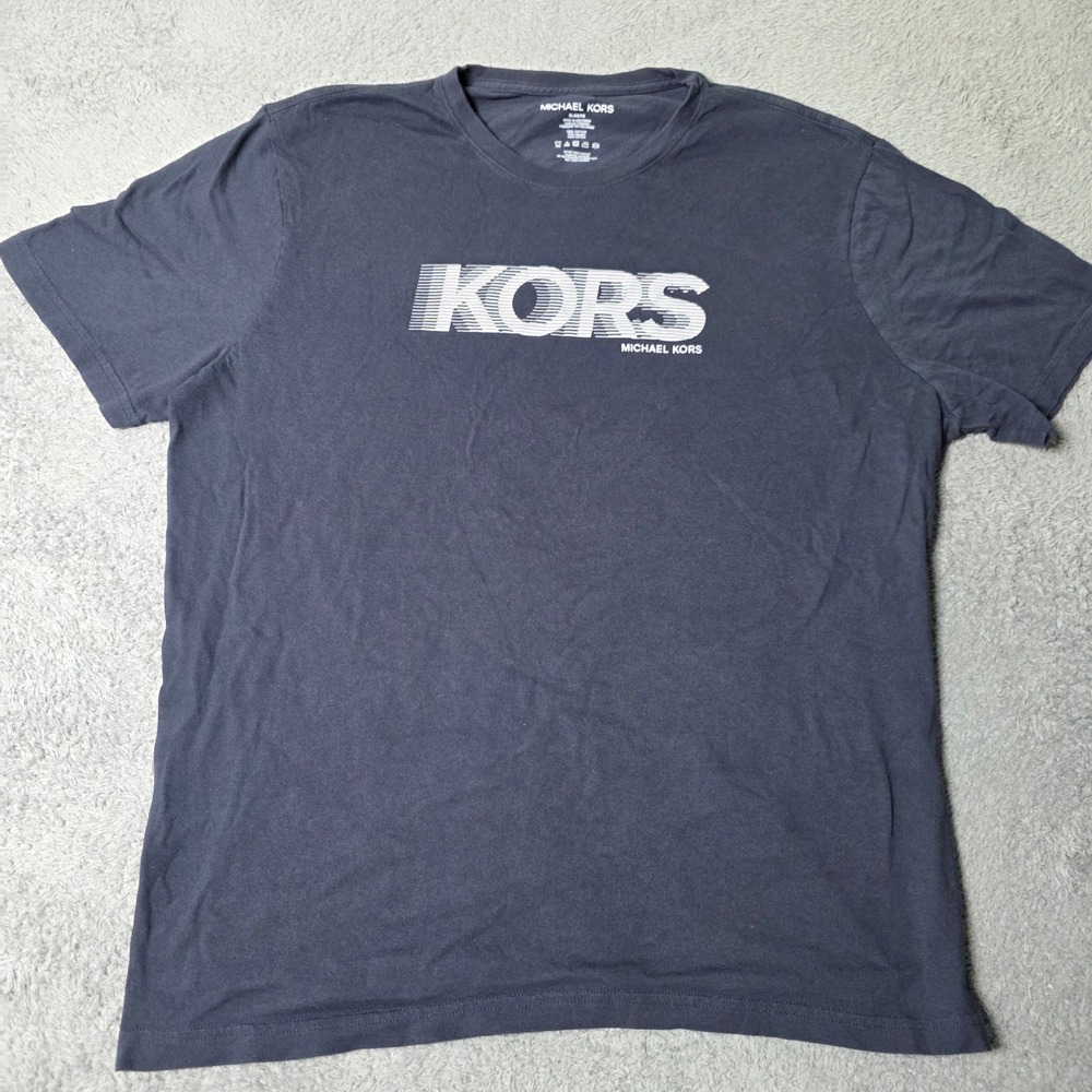 Michael Kors Mens XL T-Shirt Navy Blue Graphic Logo Short Sleeve Crew Neck Tee